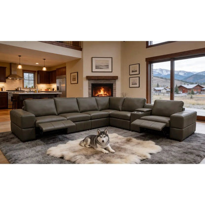 Upholstered large-arms sectional with recliner seats in gray leather on Tampa Home & Garden Store