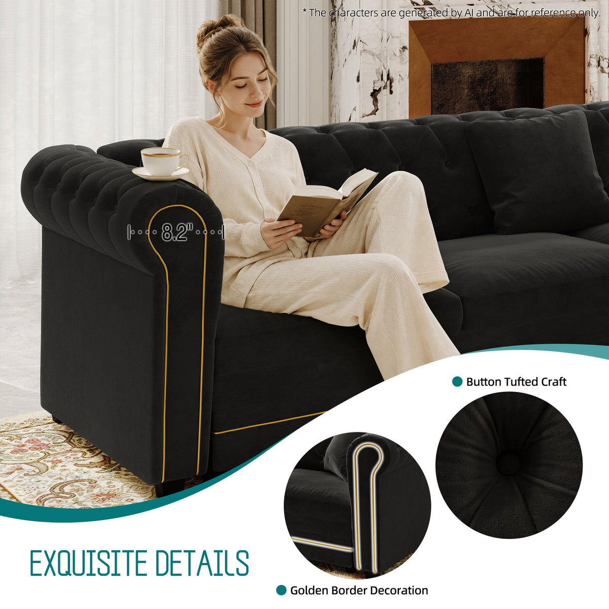 Chesterfield L Shaped Sofa and Black Velvet Bed