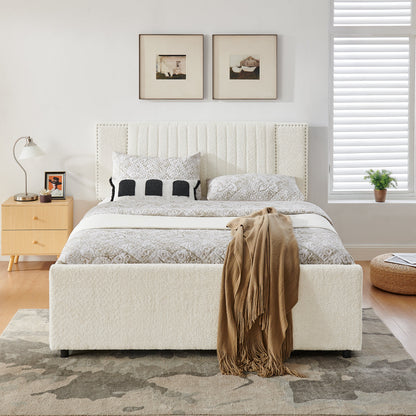 Queen Size Vertical Channel Tufted Upholstered Bed with storage and trundle, cream fabric on Tampa Home & Garden Store