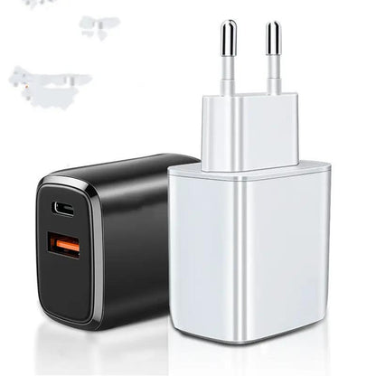 Mobile Phone Charger Fast Charge Adapter, white two-prong EU plug and black USB charger block two-piece set on Tampa Home & Garden Store
