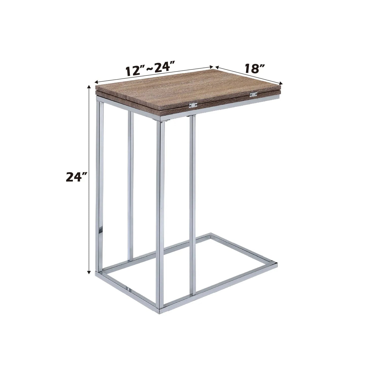 Danson Weathered Oak Accent Table with rectangular oak top and chrome metal legs 34in high on Tampa Home & Garden Store