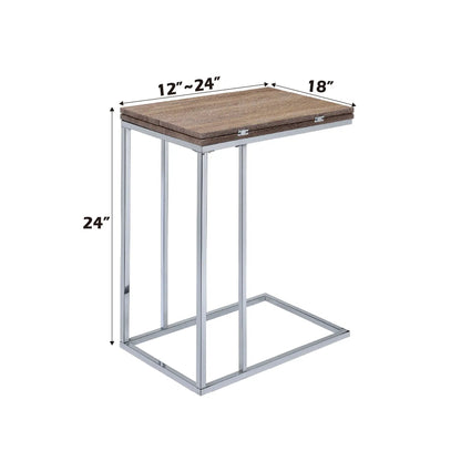 Danson Weathered Oak Accent Table with rectangular oak top and chrome metal legs 34in high on Tampa Home & Garden Store