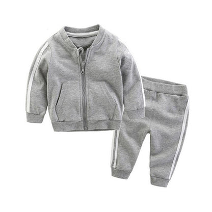 Baby two-piece grey cotton zip jacket and pants set Stevvex with sporty stripes on Tampa Home & Garden Store