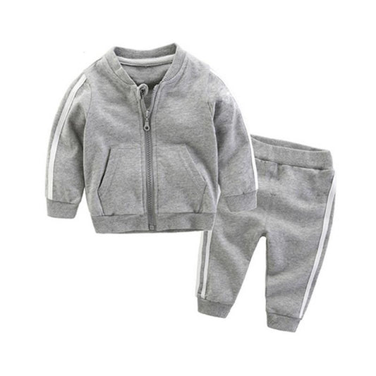 Baby two-piece grey cotton zip jacket and pants set Stevvex with sporty stripes on Tampa Home & Garden Store