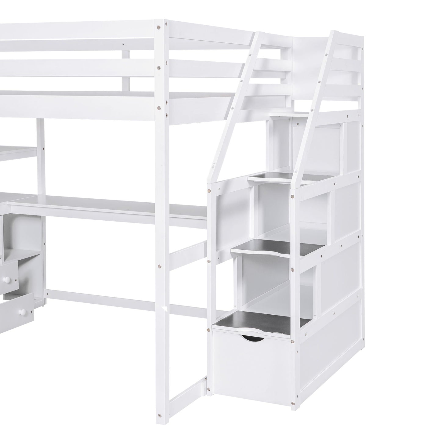 Loft bed with desk, shelves and 2 drawers in white by HouseOfZazla with a storage staircase on Tampa Home & Garden Store