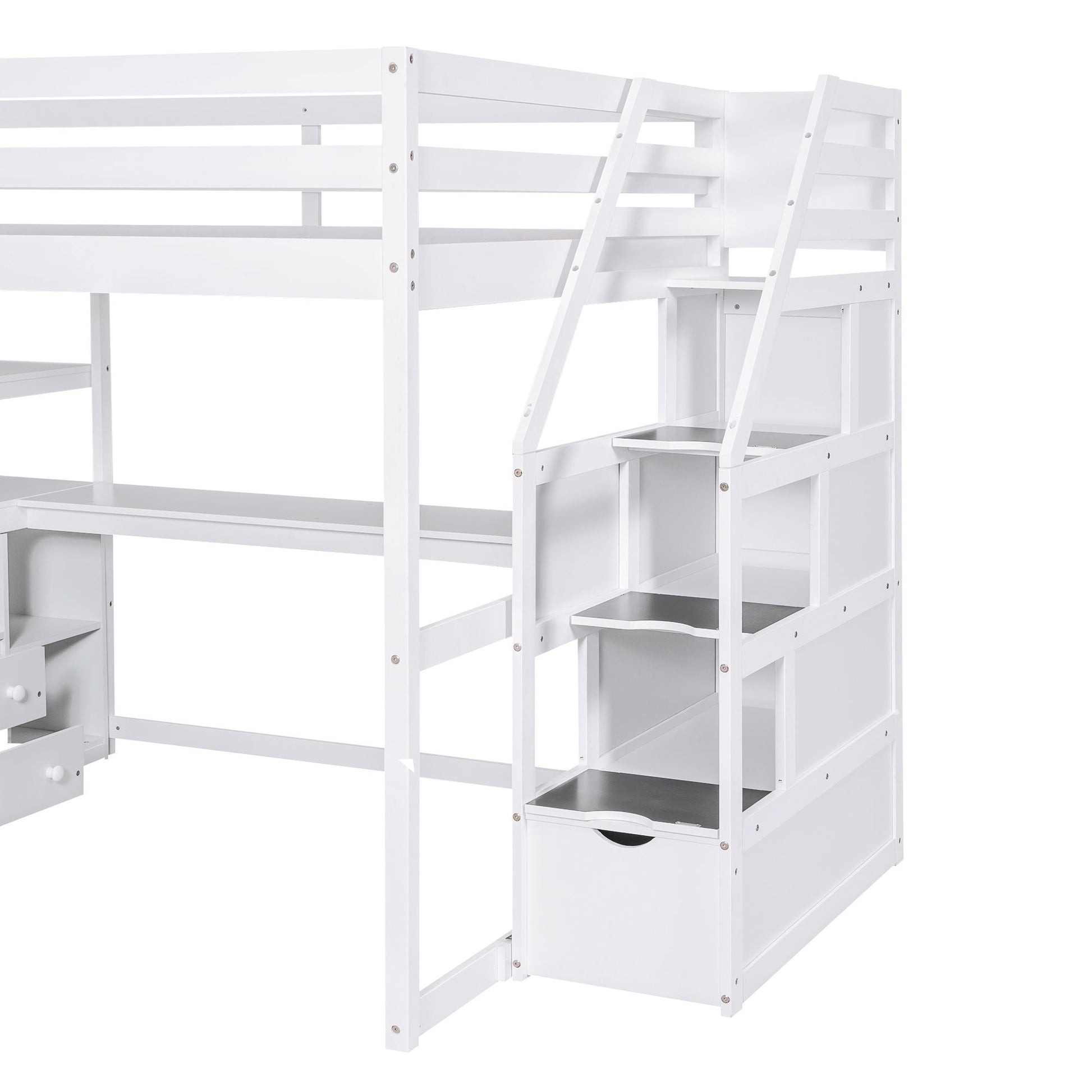 Loft bed with desk, shelves and 2 drawers in white by HouseOfZazla with a storage staircase on Tampa Home & Garden Store
