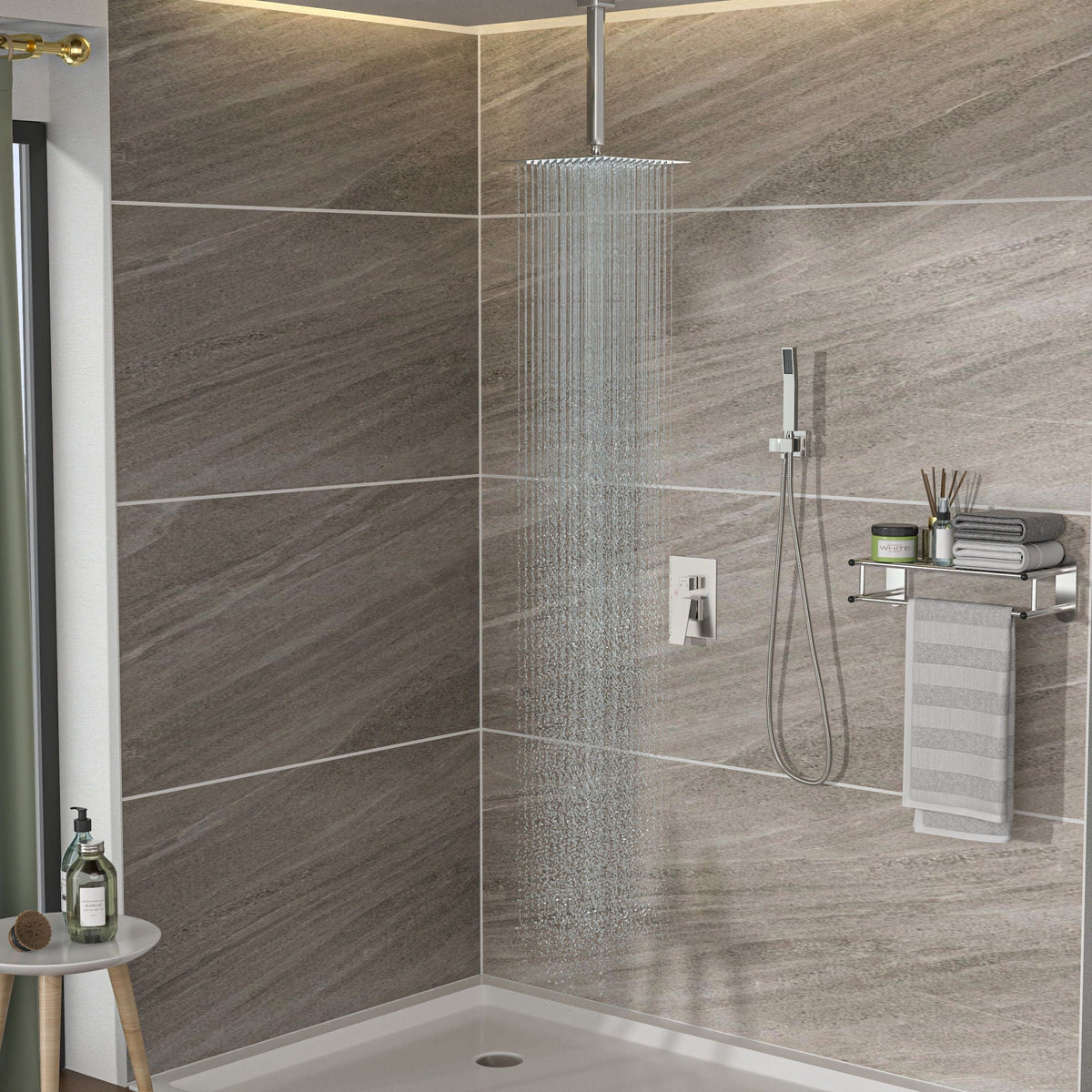 Dual Shower Head 16-inch ceiling-mount rainfall shower system with handheld shower and pressure-balanced valve in gray on Tampa Home & Garden Store