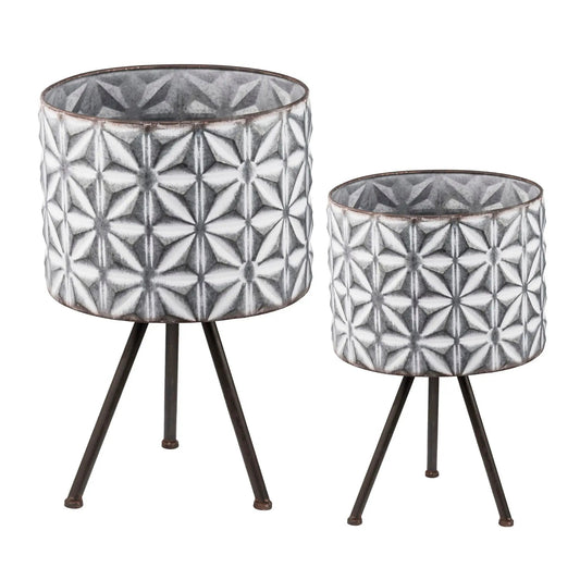 Metal planter stand set of 2, round galvanized gray planters with geometric faceted pattern on Tampa Home & Garden Store