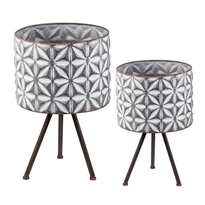 Round galvanized metal planter set of 2 in gray with geometric texture on tripod stands on Tampa Home & Garden Store