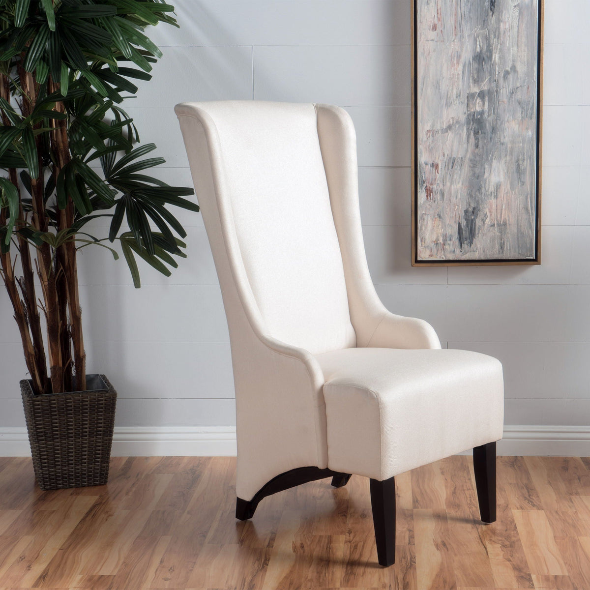 Upholstered dining chair beige with high back and birch wood legs on Tampa Home & Garden Store