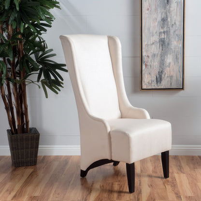 Upholstered dining chair beige with high back and birch wood legs on Tampa Home & Garden Store