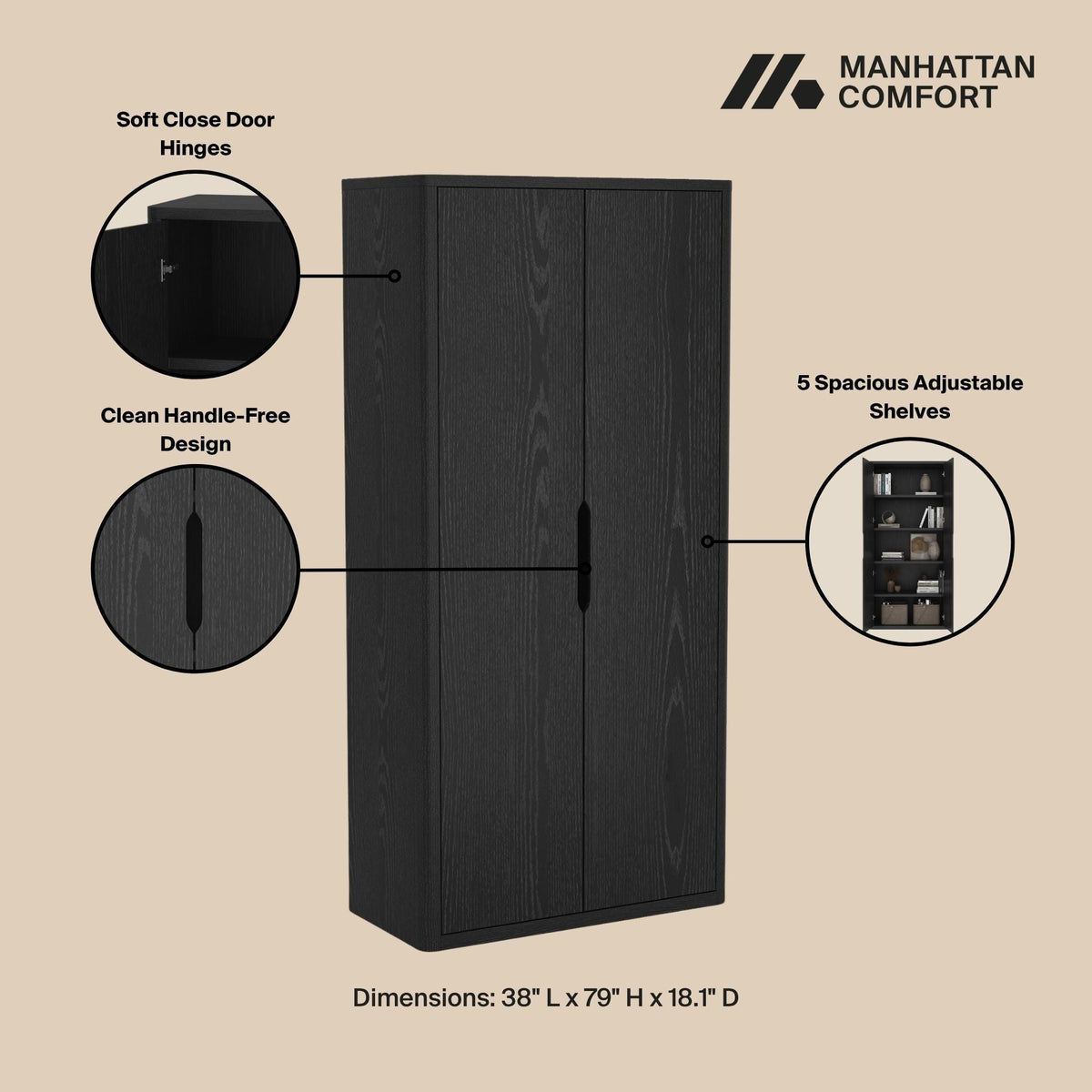 Rivington Bookcase Cabinet in black finish with 5 adjustable shelves by Manhattan Comfort on Tampa Home & Garden Store