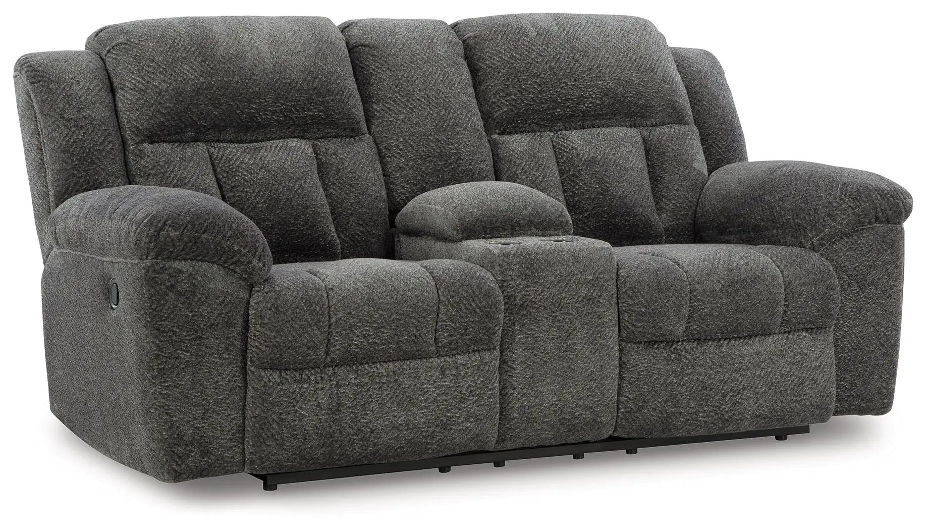 Frohn double reclining loveseat with console in dark gray textured upholstery on Tampa Home & Garden Store
