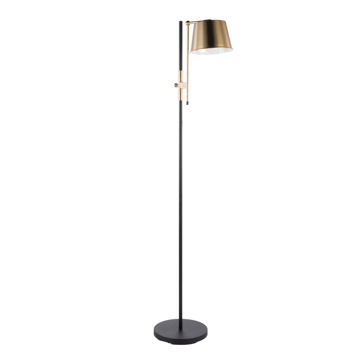 Metric industrial floor lamp in black with antique brass shade and gold accents, round base on Tampa Home & Garden Store