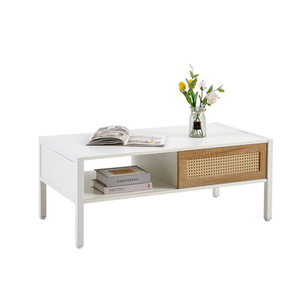 Modern Rattan Coffee Table with Sliding Door, white finish, cane-front drawer by HouseOfZazla on Tampa Home & Garden Store