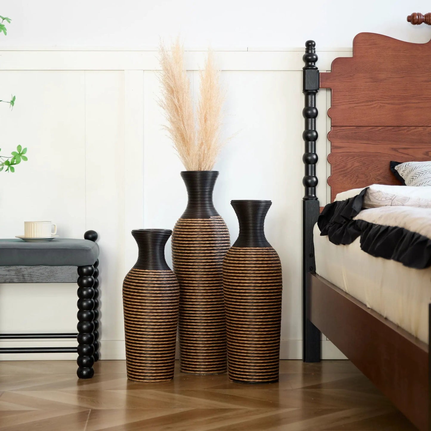 Floor vase set of 3 with dark brown ribbed bodies, tan stripes, and beige pampas grass on Tampa Home & Garden Store