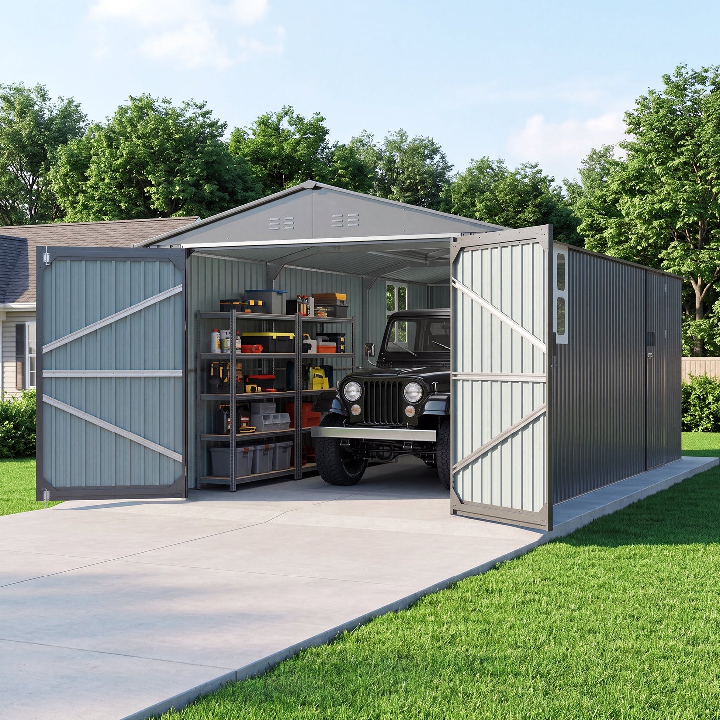 Outdoor storage shed 20x10 ft, gray metal siding with open and Jeep inside HouseOfZazla on Tampa Home & Garden Store
