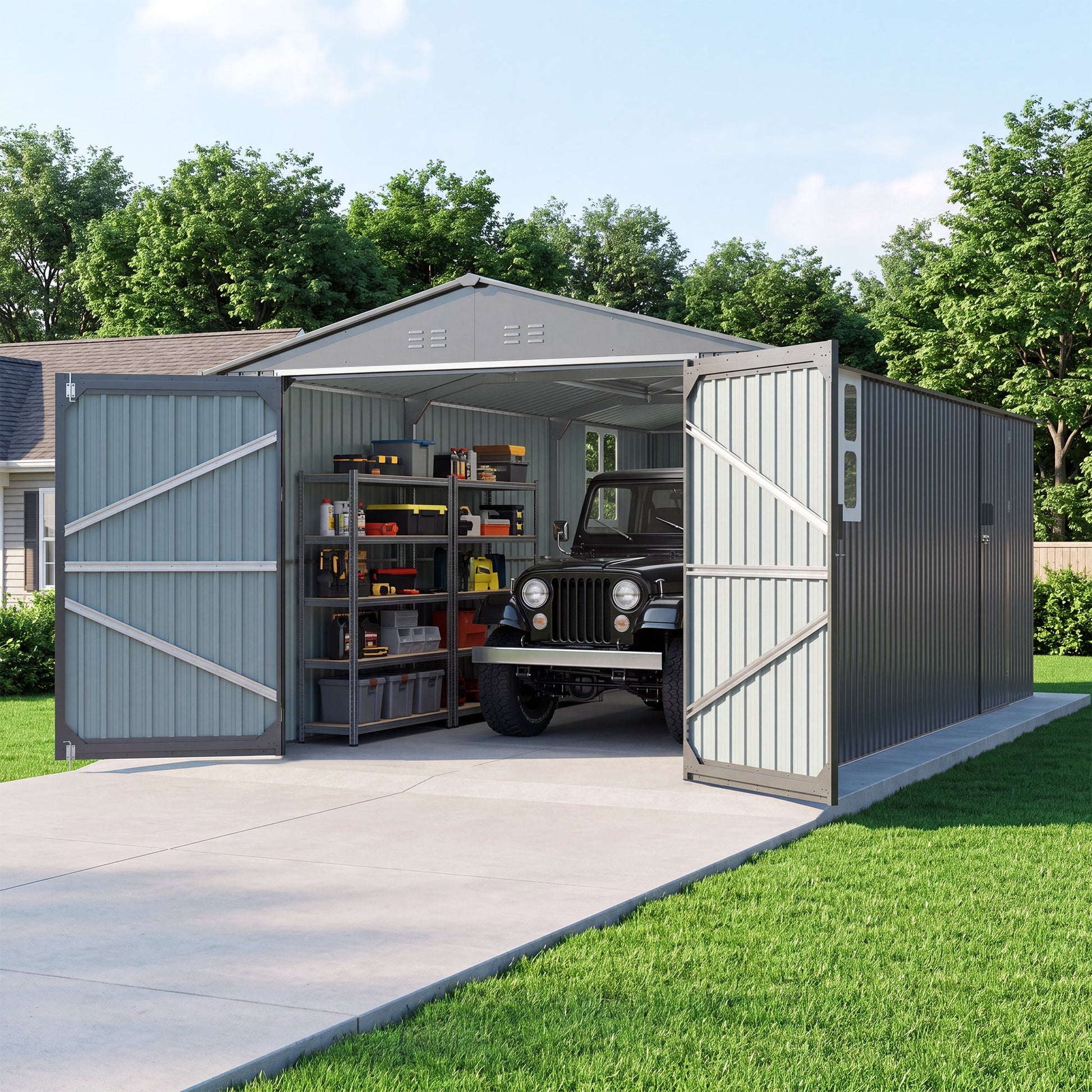 Outdoor storage shed 20x10 ft, gray metal siding with open and Jeep inside HouseOfZazla on Tampa Home & Garden Store