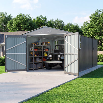 Outdoor storage shed 20x10 ft, gray metal siding with open and Jeep inside HouseOfZazla on Tampa Home & Garden Store