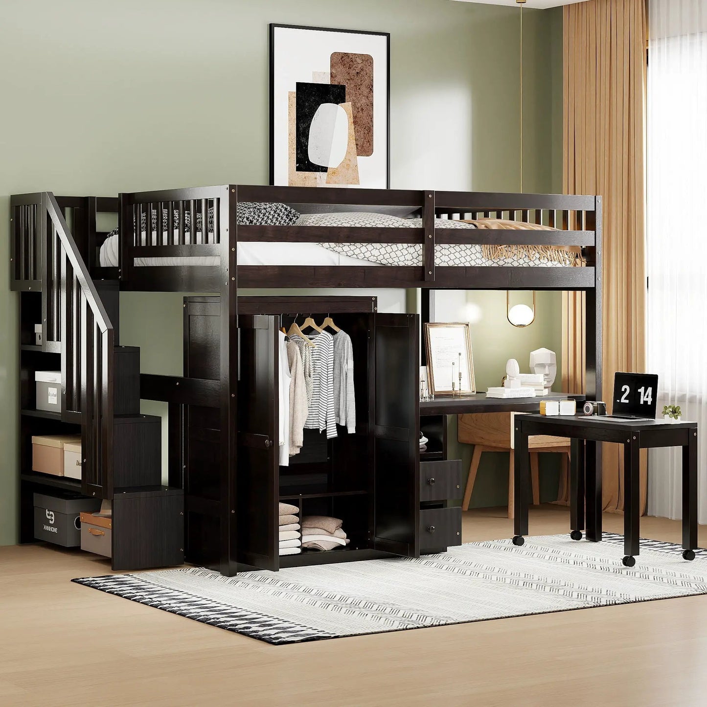Loft bed with stairs, wardrobe, bookshelf, desk and drawers in dark wood finish on Tampa Home & Garden Store