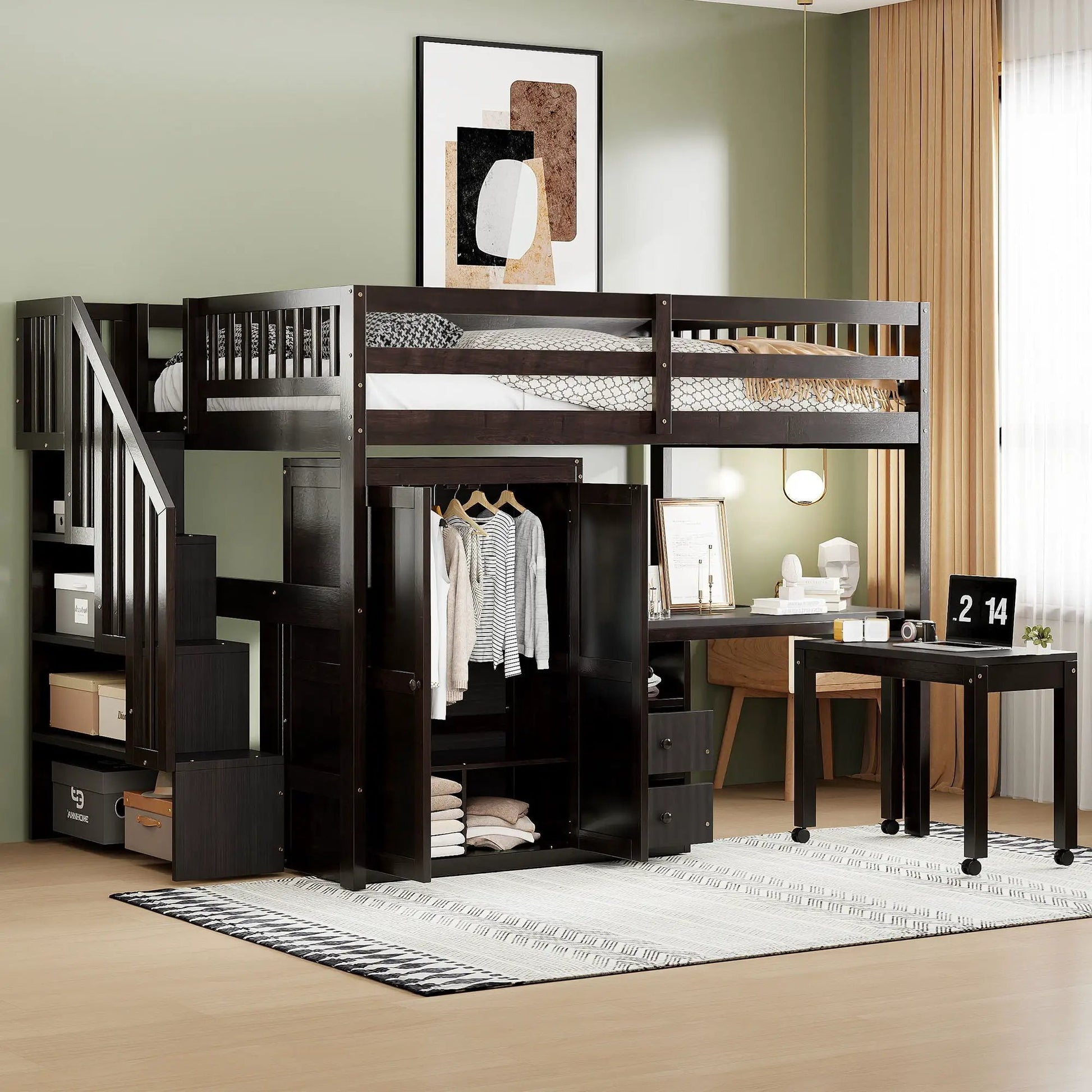 Loft bed with stairs, wardrobe, bookshelf, desk and drawers in dark wood finish on Tampa Home & Garden Store