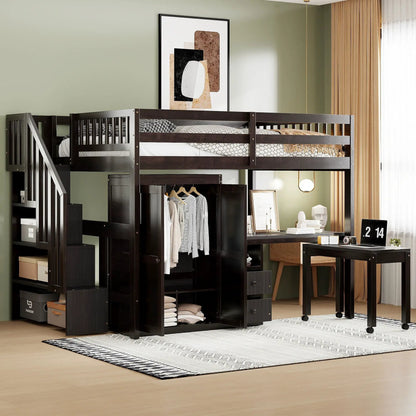 Loft bed with stairs, wardrobe, bookshelf, desk and drawers in dark wood finish on Tampa Home & Garden Store