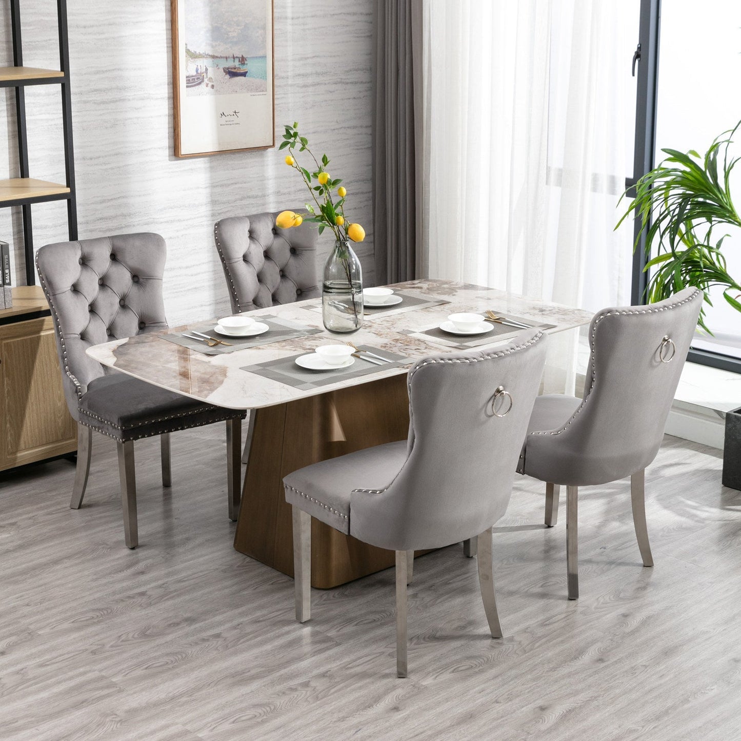 Nikki Collection velvet dining chairs set of 2 in light gray with tufted back and nailhead trim on Tampa Home & Garden Store