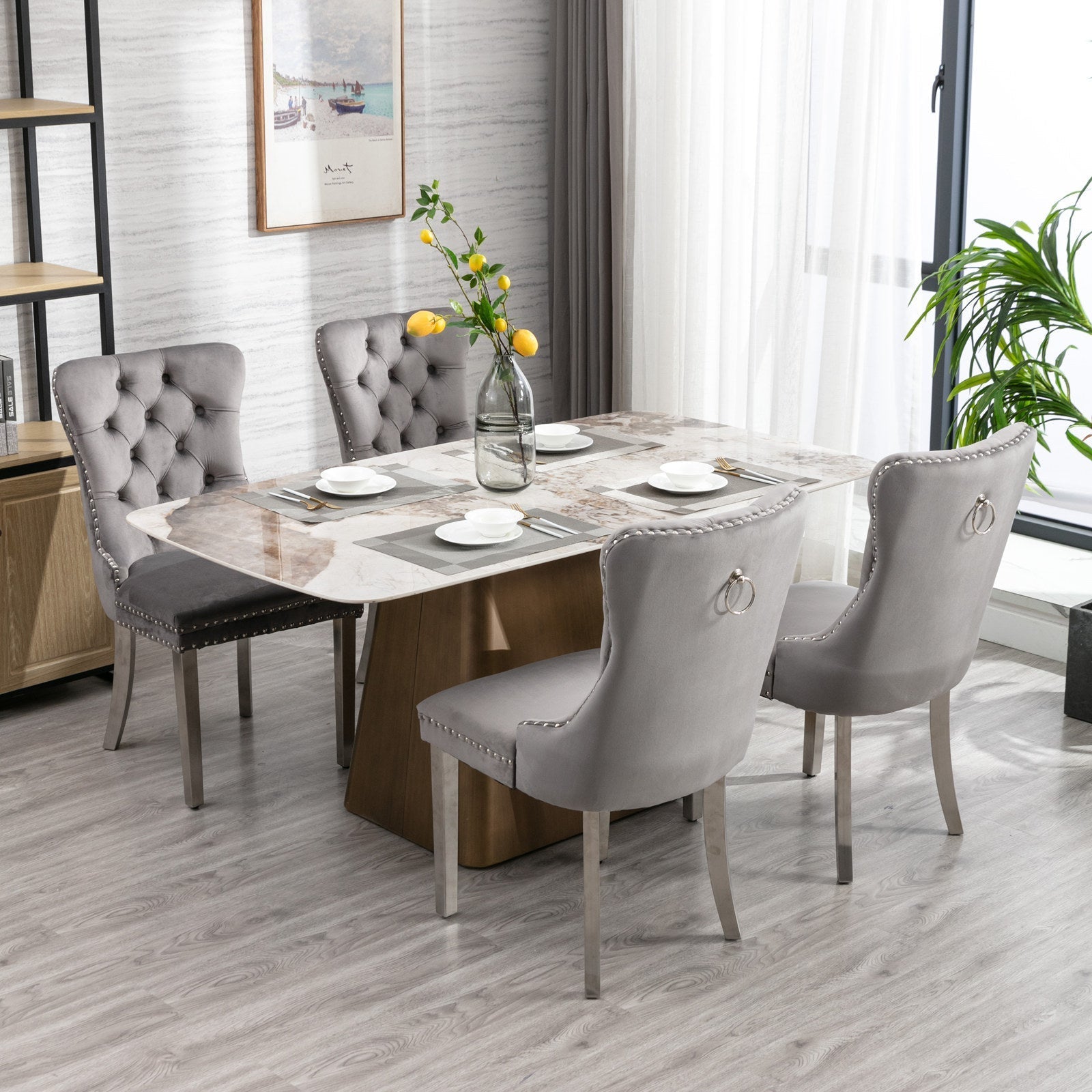 Nikki Collection velvet dining chairs set of 2 in light gray with tufted back and nailhead trim on Tampa Home & Garden Store