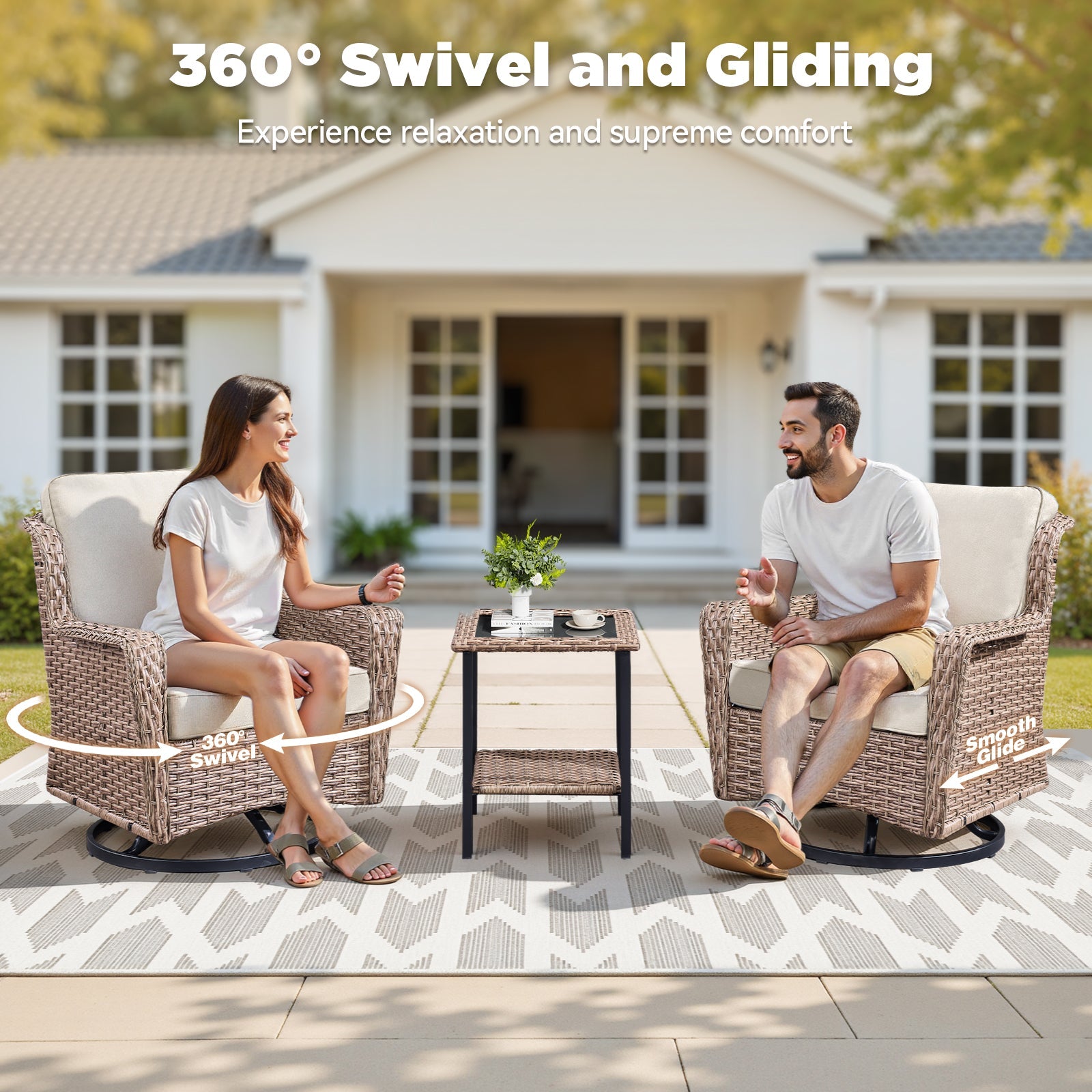 2-Person Outdoor Wicker Swivel Rocker Seating Group by HouseOfZazla with beige cushions on a patio on Tampa Home & Garden Store