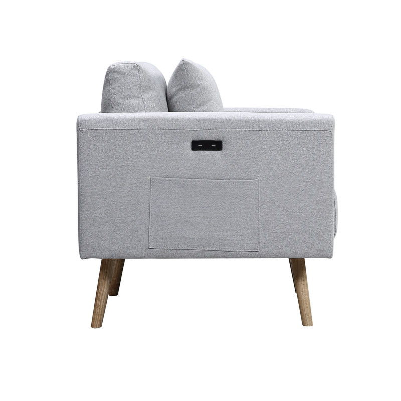 Easton fabric sofa in light gray with USB ports, back pockets and pillows, wooden legs by HouseOfZazla on Tampa Home & Garden Store