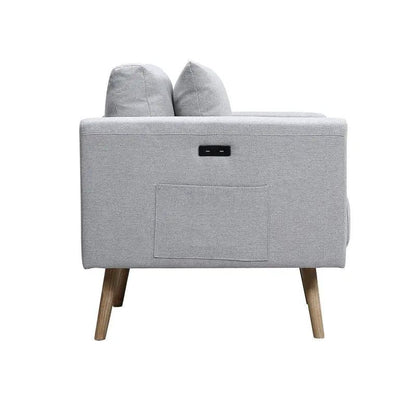 Easton fabric sofa with USB ports, pockets and pillows, wooden legs in light gray on Tampa Home & Garden Store