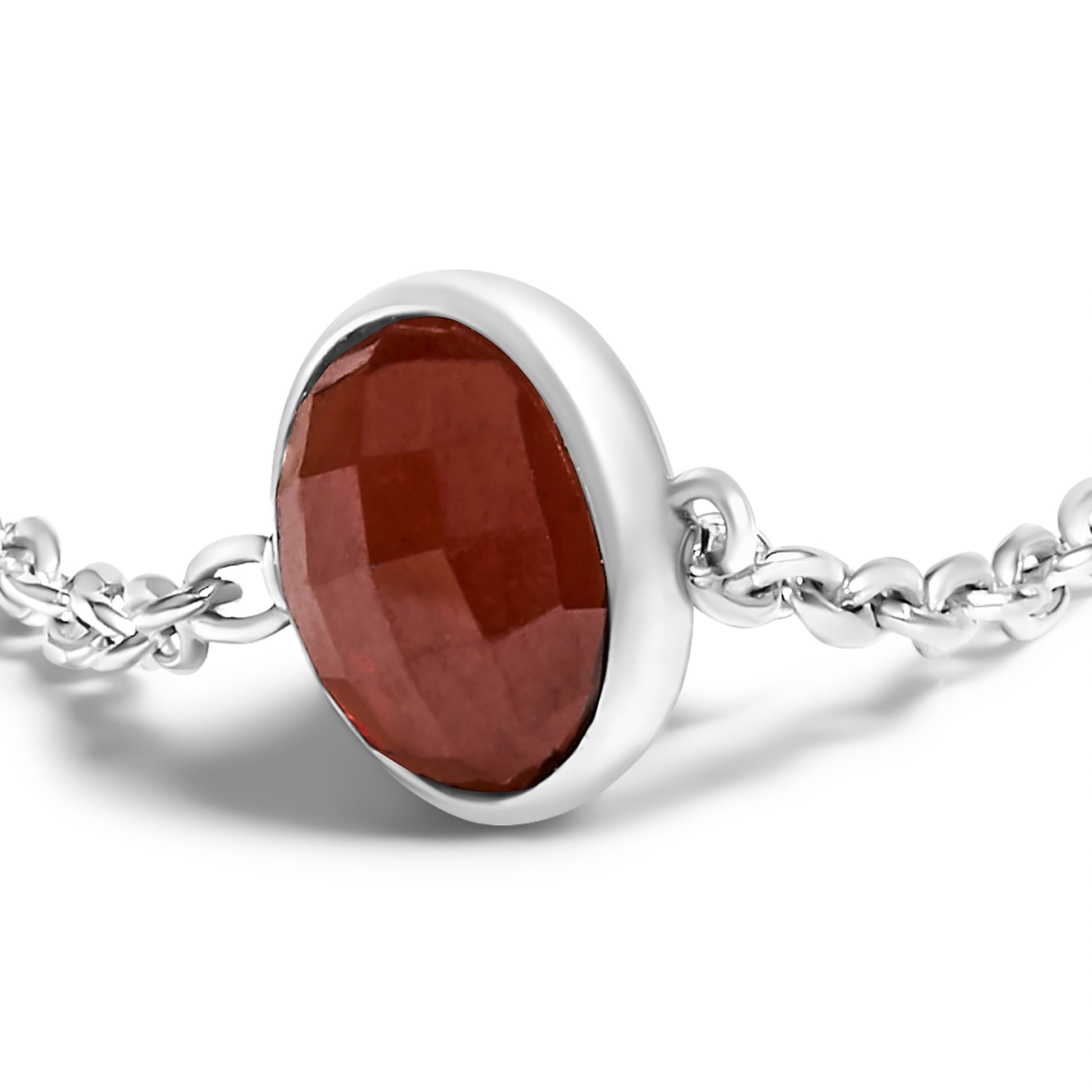 Sterling silver bezel-set red garnet bolo bracelet with 5-station adjustable links on Tampa Home & Garden Store