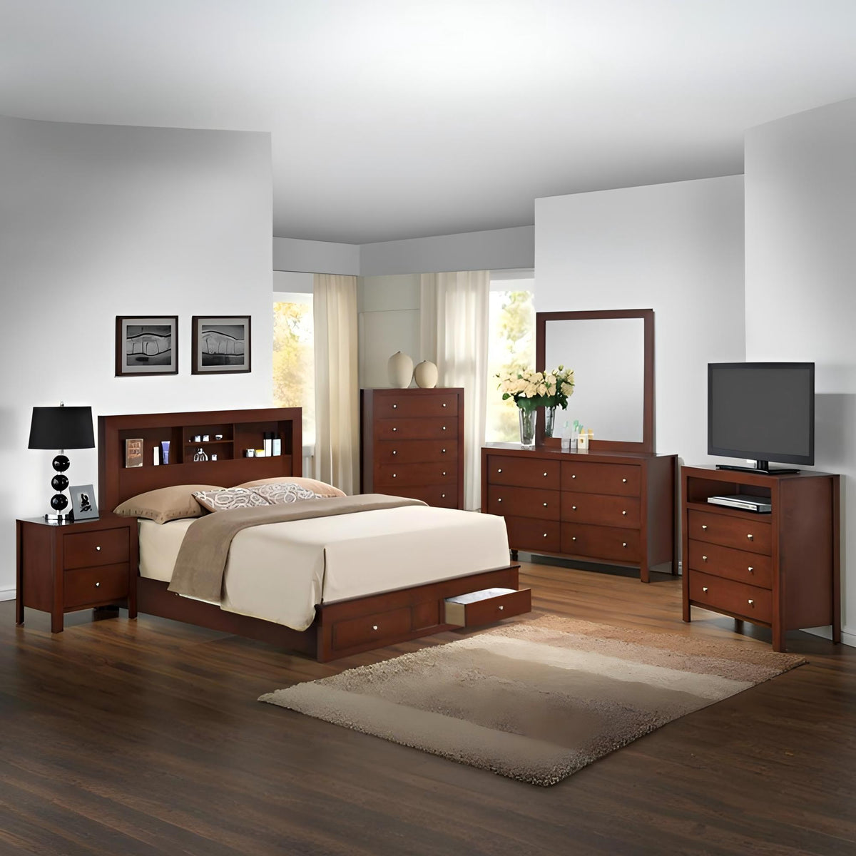 Stylish storage bed in dark wood with under-bed drawers and matching nightstands on Tampa Home & Garden Store