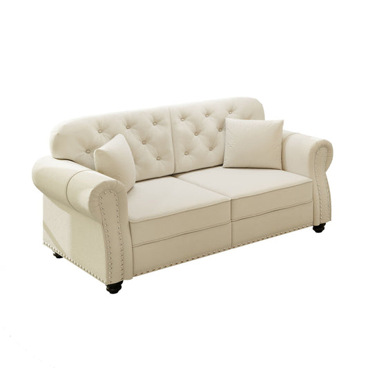 Chesterfield sofa with rolled arms and nailhead trim in cream upholstery by HouseOfZazla on Tampa Home & Garden Store