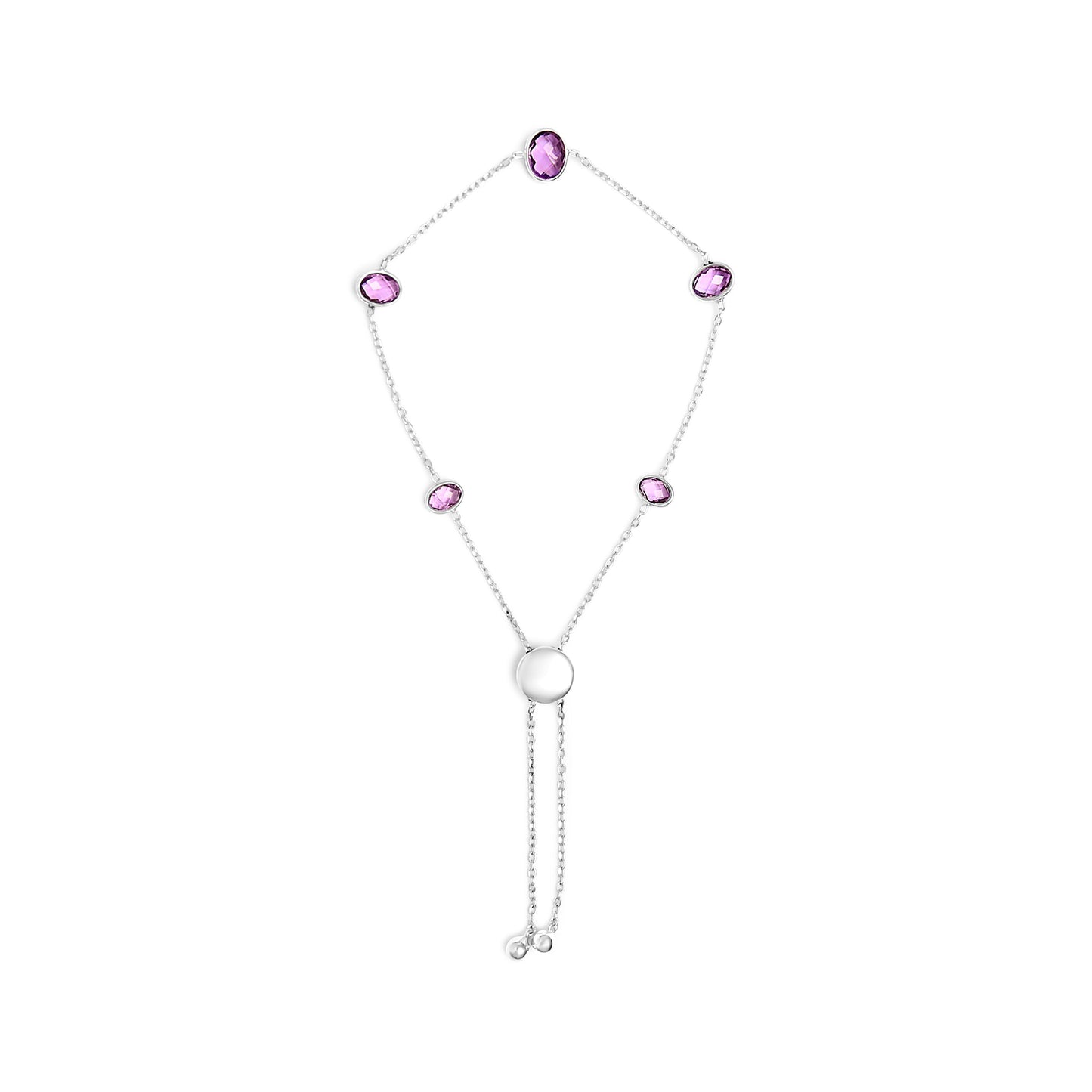 Bezel-set purple amethyst bolo bracelet with five oval stones on sterling silver chain on Tampa Home & Garden Store
