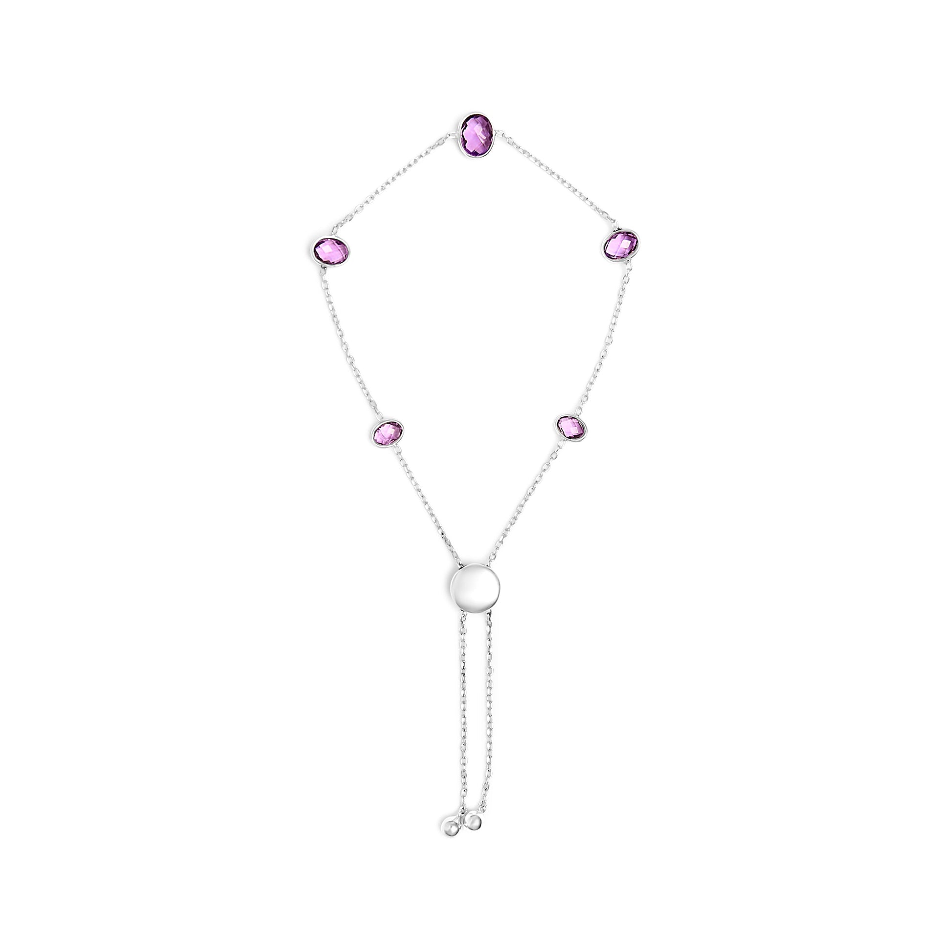 Bezel-set purple amethyst bolo bracelet with five oval stones on sterling silver chain on Tampa Home & Garden Store