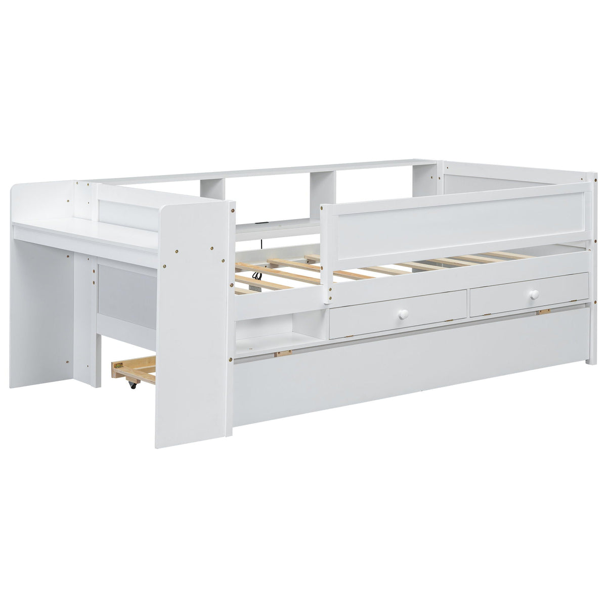 White twin daybed with drawers and a pull-out trundle, open headboard storage shelf on Tampa Home & Garden Store