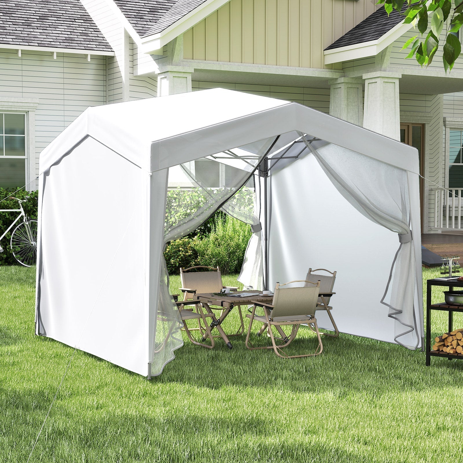 Pop-up canopy tent white by GemGear with 4 sidewalls and mesh netting, outdoor backyard setup on Tampa Home & Garden Store