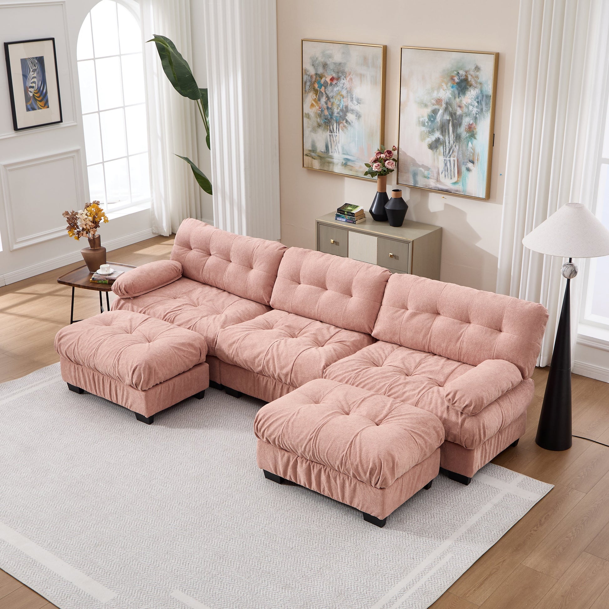 U-shaped couch modular sectional sofa blush pink velvet tufted cushions by HouseOfZazla on Tampa Home & Garden Store