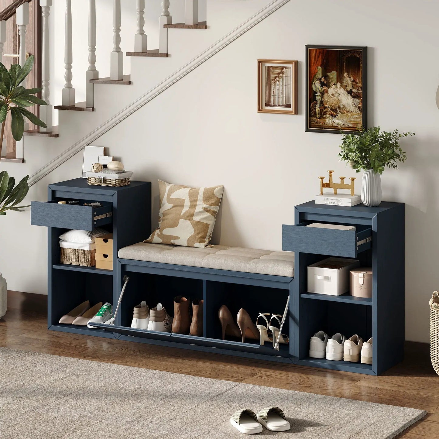 Entryway storage bench with navy frame, beige cushion, drawers and open cubbies for shoes on Tampa Home & Garden Store