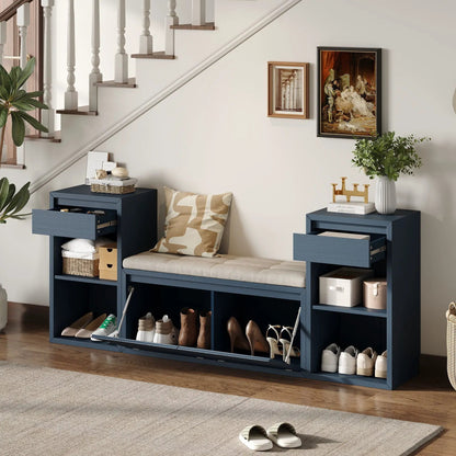 Entryway storage bench with navy frame, beige cushion, drawers and open cubbies for shoes on Tampa Home & Garden Store