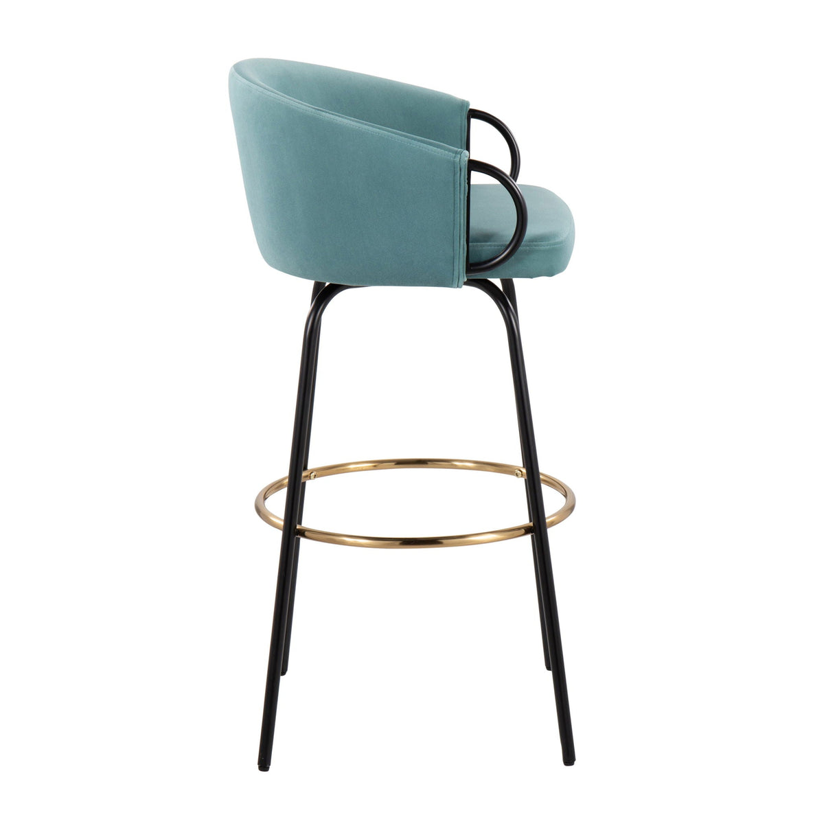 Claire Contemporary Barstools Set of 2 teal velvet with curved back, black legs, gold footrest on Tampa Home & Garden Store