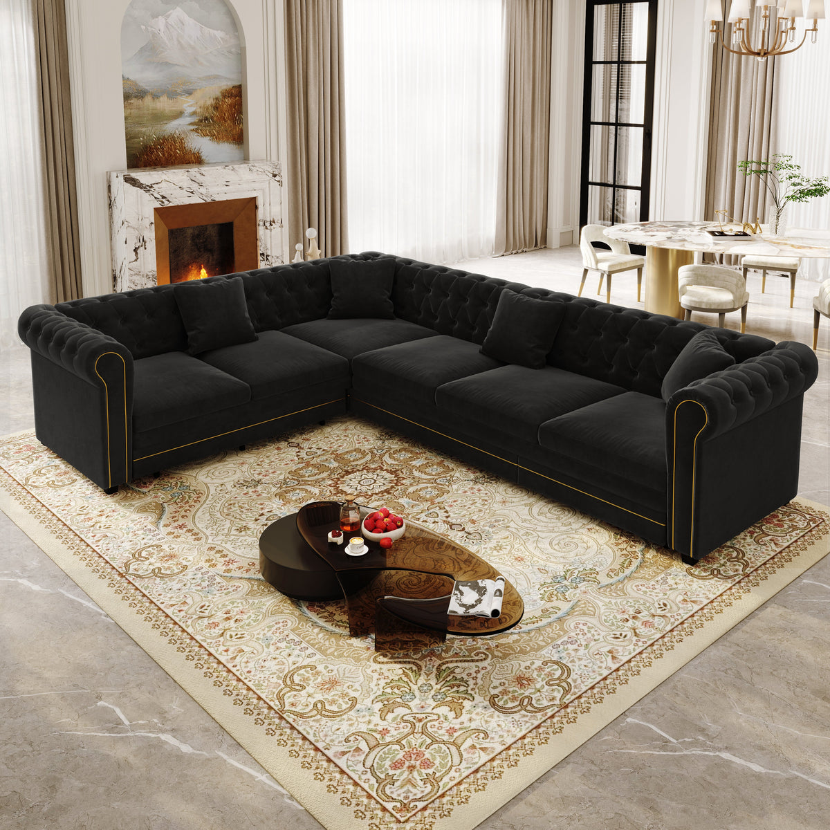 Chesterfield L Shaped Sofa and Black Velvet Bed