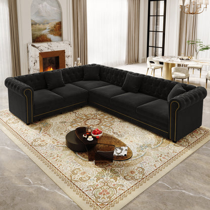 Chesterfield L Shaped Sofa and Black Velvet Bed