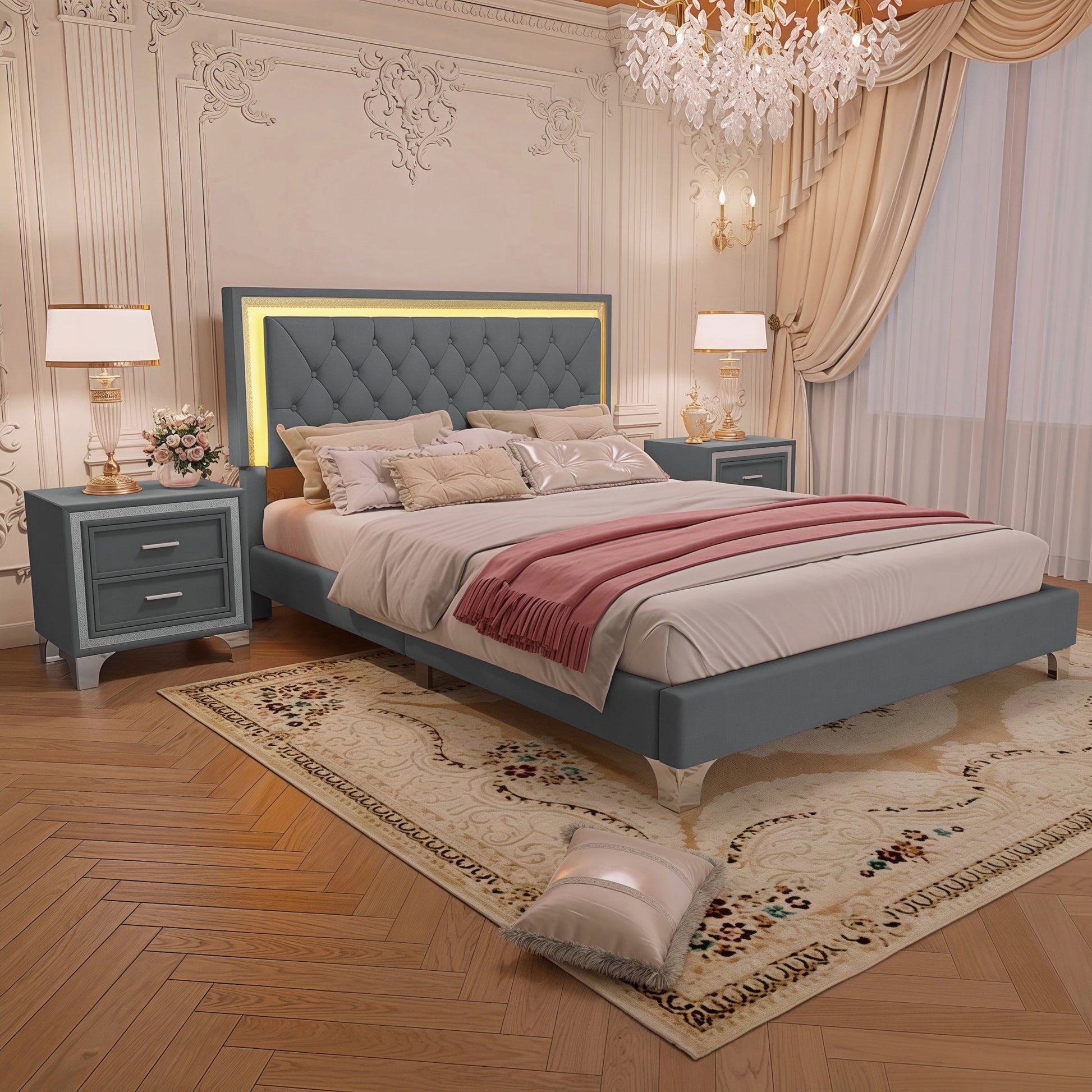 3-Piece Queen upholstered platform bed with LED headboard + 2 gray nightstands by HouseOfZazla on Tampa Home & Garden Store
