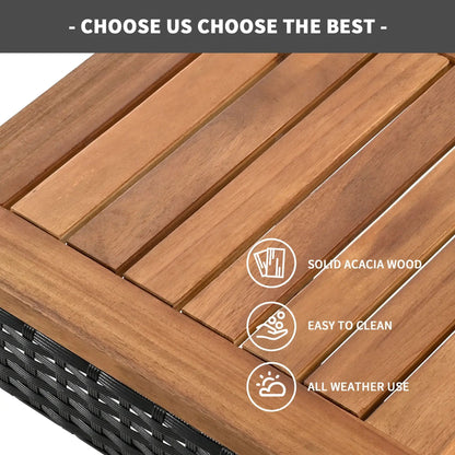 Outdoor acacia wood bar-height table top with slatted surface on a black wicker base on Tampa Home & Garden Store