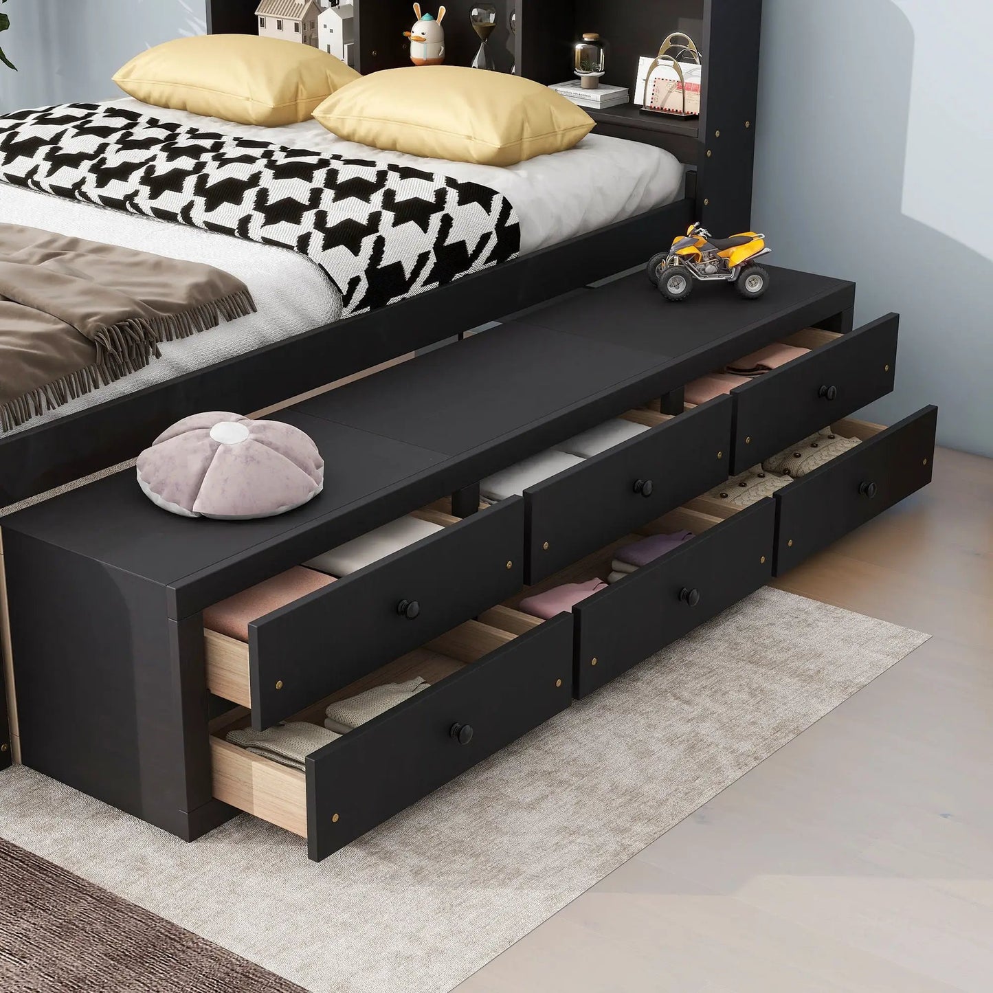 Bed With Bookcase Headboard and Under Bed Storage