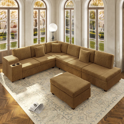 Luxury Camel L Shaped Sofa And Ottoman Set