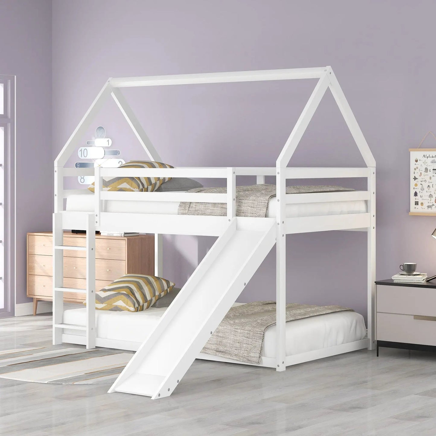 House Shape Bunk Bed With Slide And Ladder, white bunk bed with two beds, house-frame and ladder on Tampa Home & Garden Store