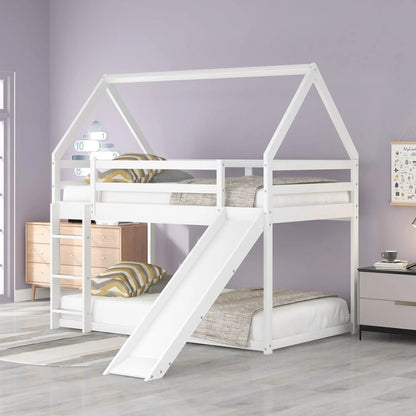 House Shape Bunk Bed With Slide And Ladder, white bunk bed with two beds, house-frame and ladder on Tampa Home & Garden Store